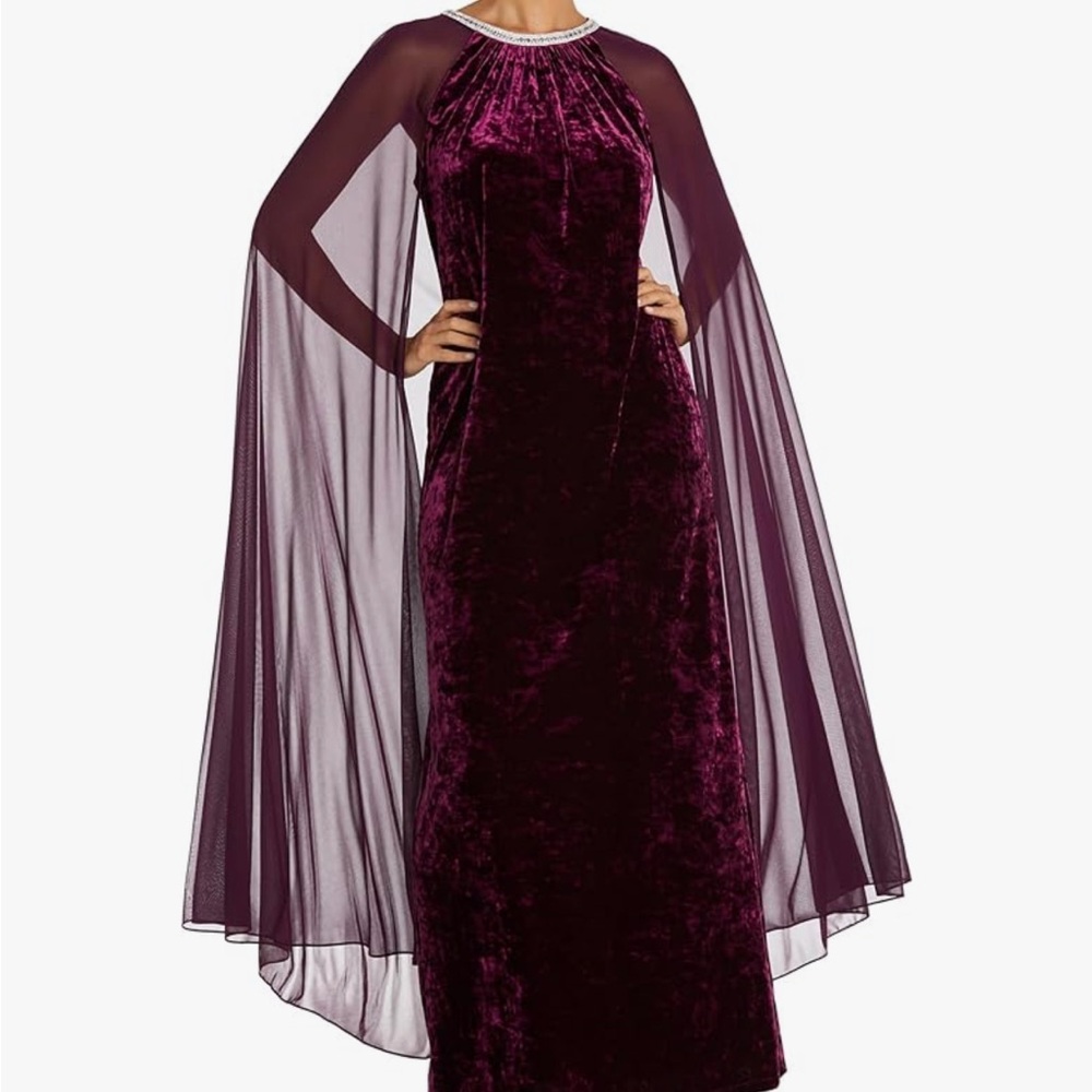 ✨ R&M Richards Wine Velvet Cape Gown – Size 10